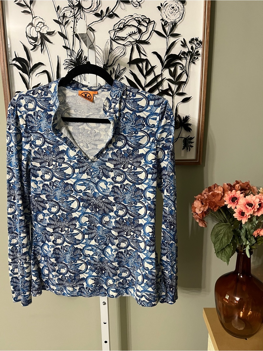 Tory Burch Blue White Floral 100% Silk Long Sleeve Blouse Size XS